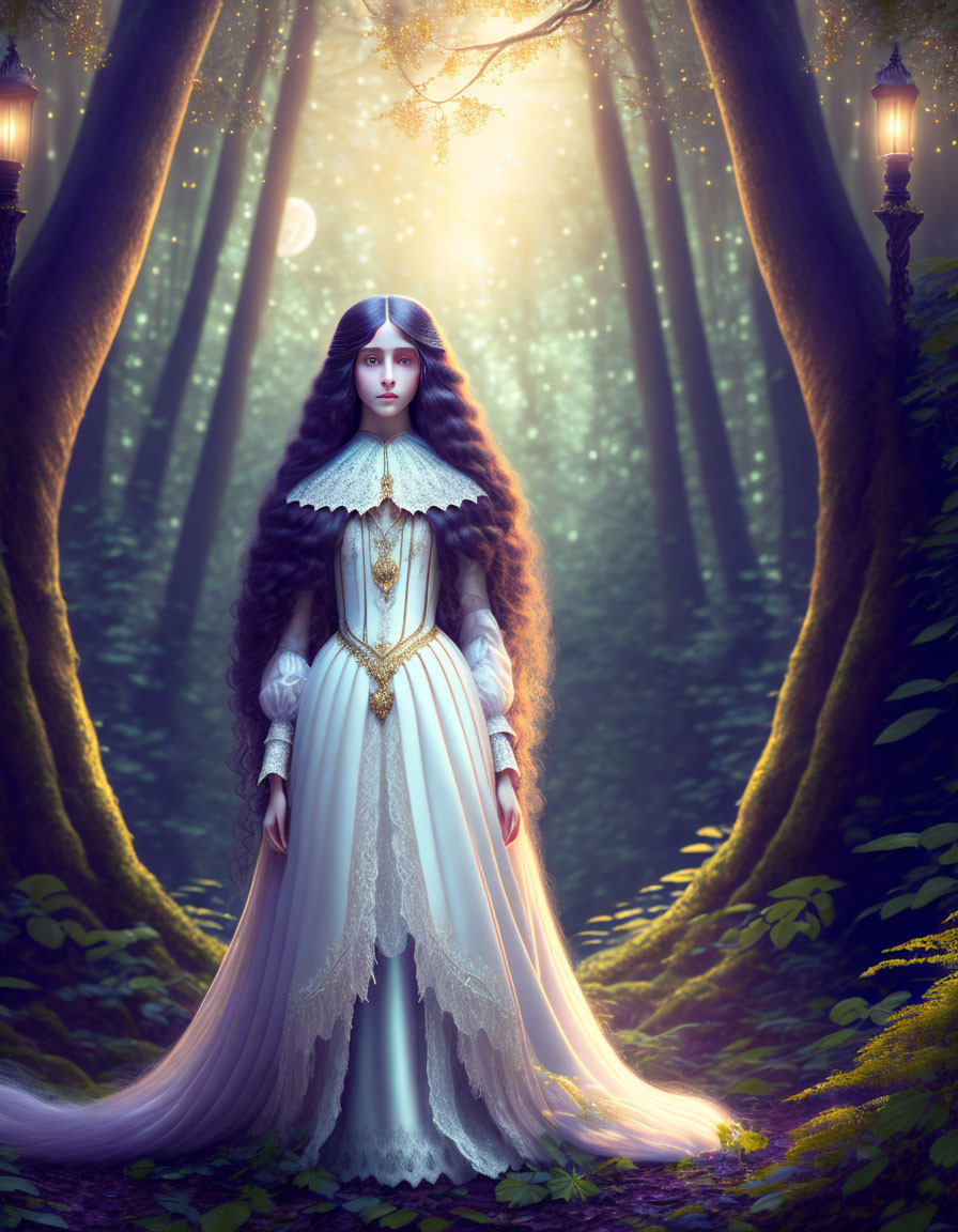 Enchanted forest scene with mystical woman in white dress