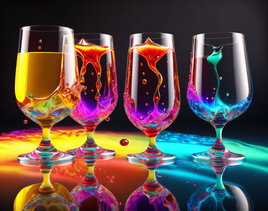 Colorful liquid splashing in wine glasses on black background