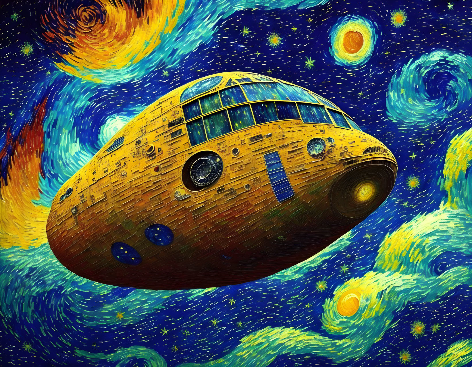 Spacecraft featuring design inspired by "Starry Night" painting amid cosmic stars and nebulae