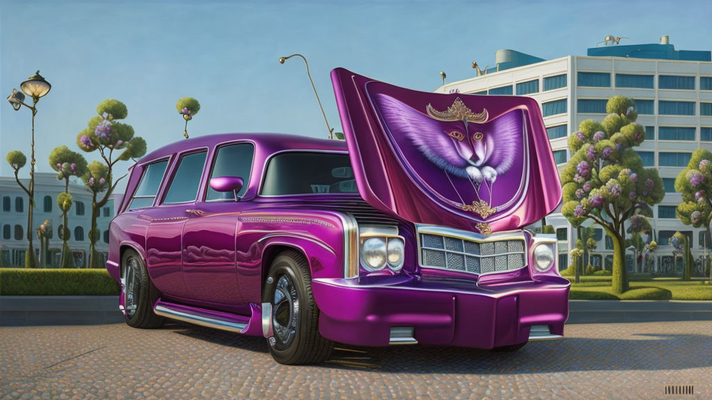 Custom purple lowrider car with ornate engine in city setting.