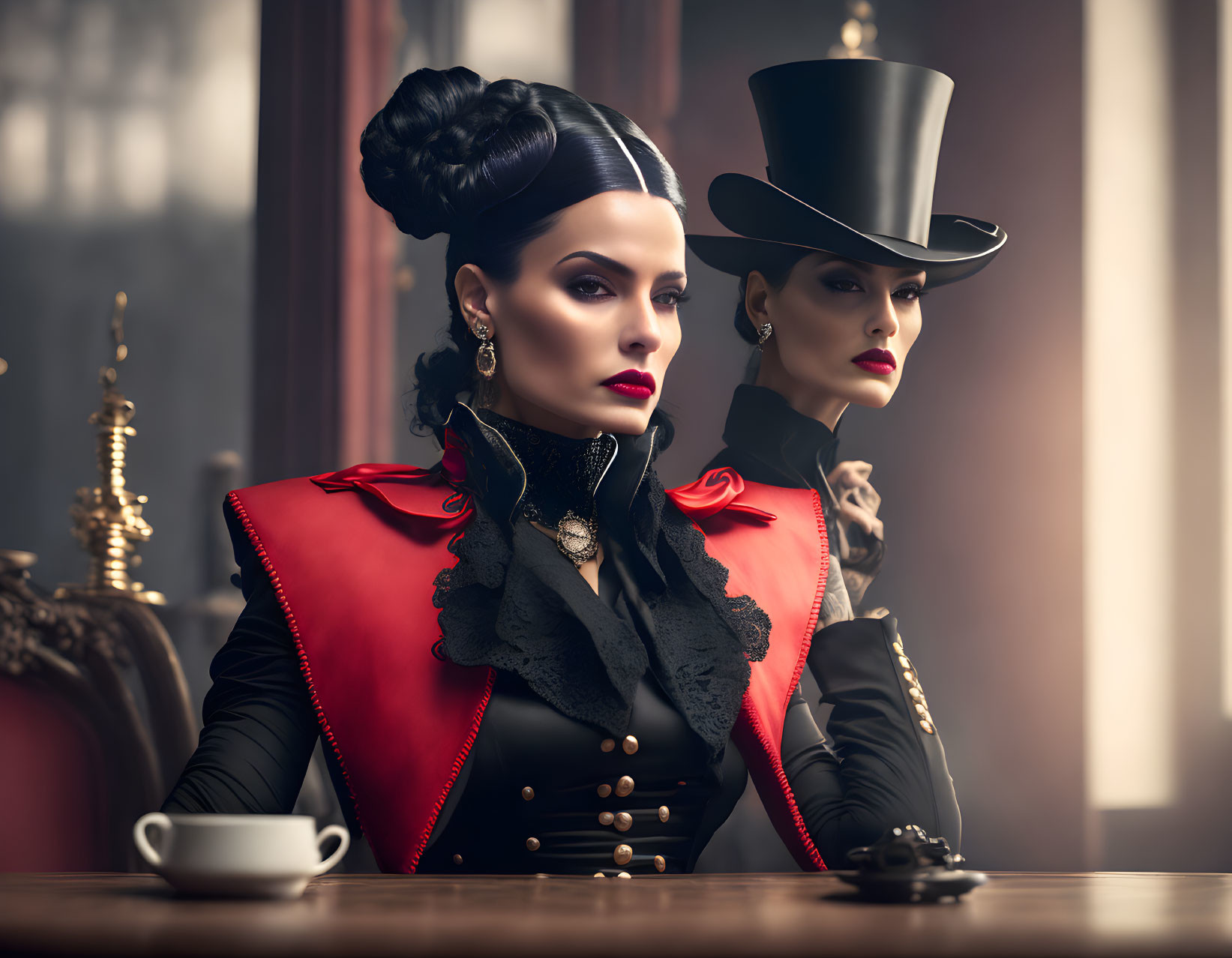 Vintage-inspired women in red-accented outfits at a table with a tea cup.