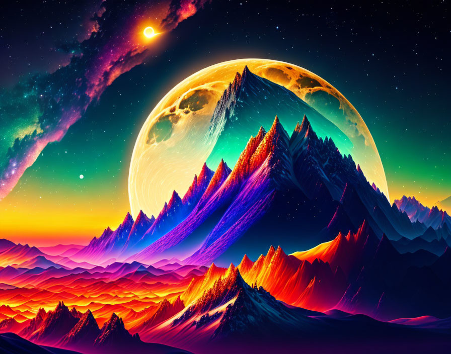 Surreal digital artwork of vibrant landscape with towering mountains under starry sky