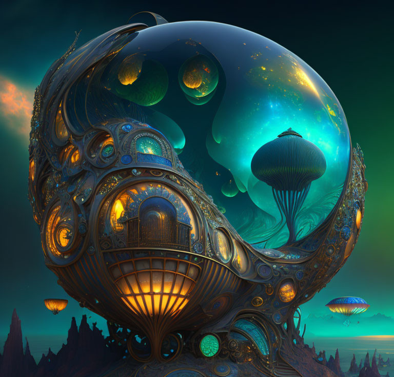 Futuristic ornate sphere in green-hued landscape