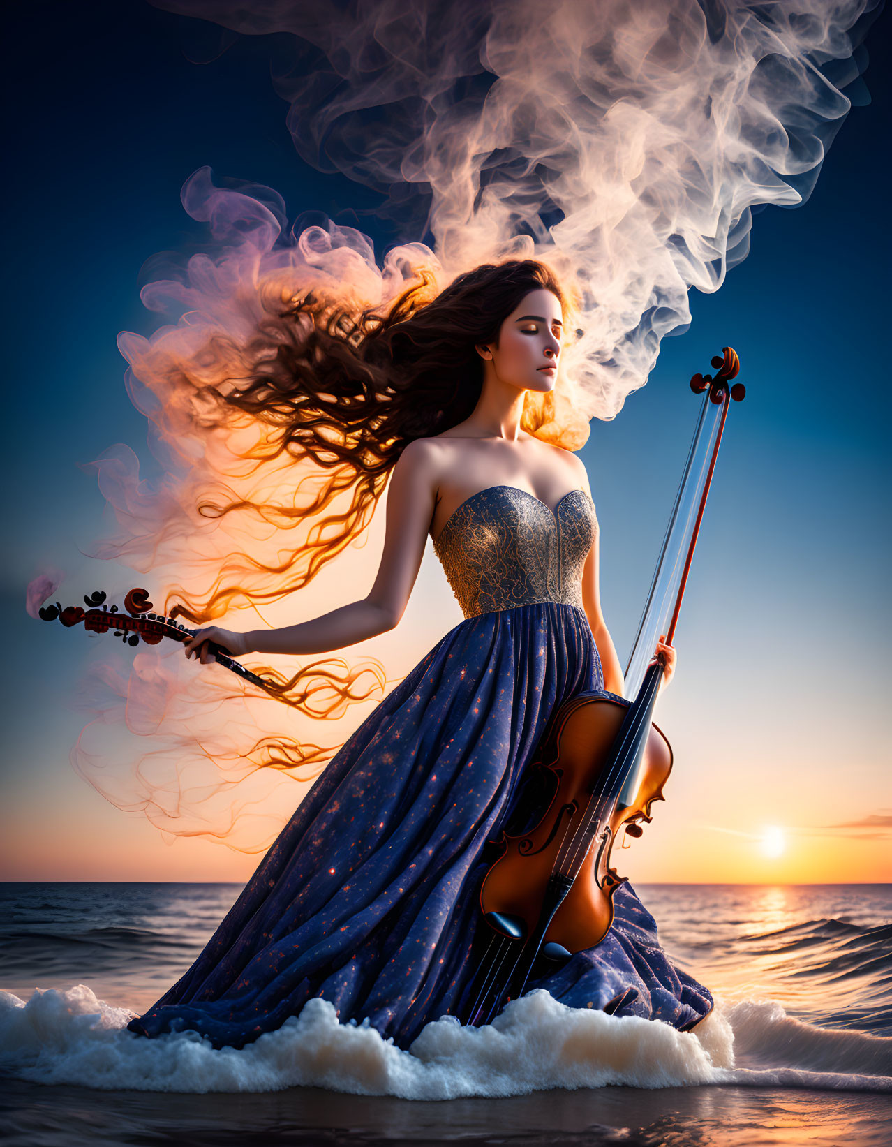 Woman in Blue Dress Playing Violin Among Waves at Sunset