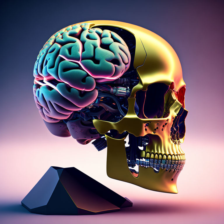 Digital Illustration: Human Skull with Golden Half and Colorful Brain & Mechanical Parts