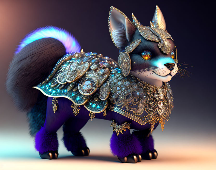 Fantasy cat creature with blue and purple fur and golden armor
