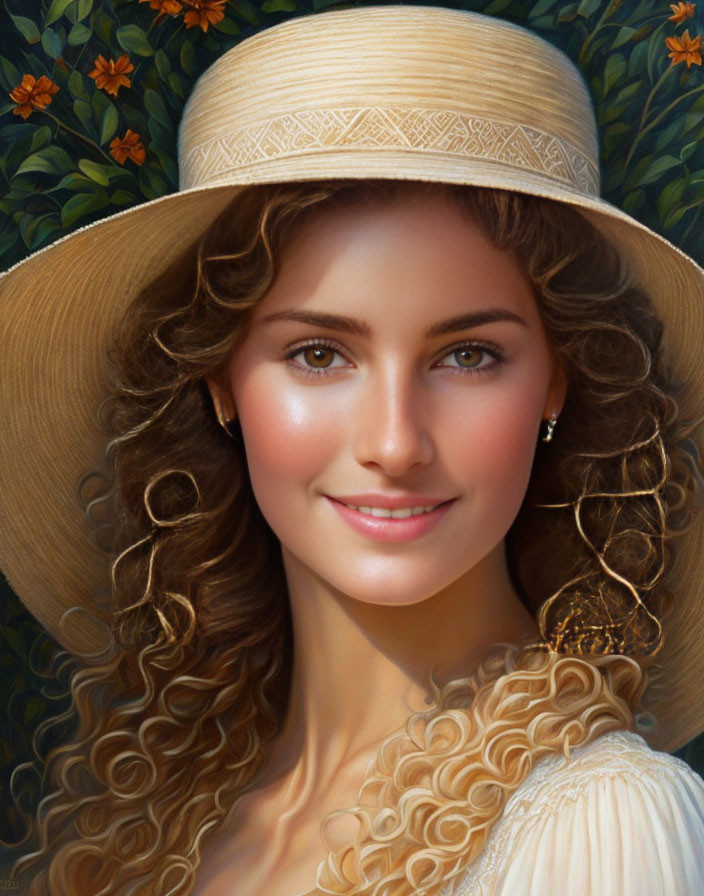 Curly-haired woman in wide-brimmed hat smiles amid green foliage and orange flowers