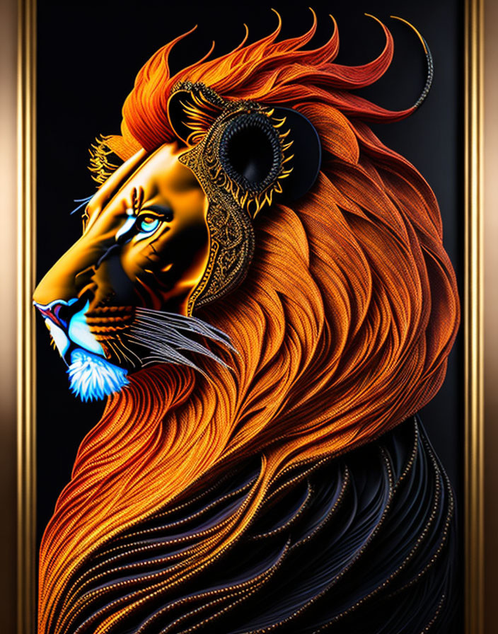 Lion with Human-Like Features and Vibrant Orange Mane in Golden Patterns