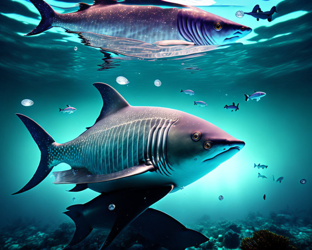 Colorful underwater scene with stylized fish, diver, and smaller fish on luminous blue backdrop