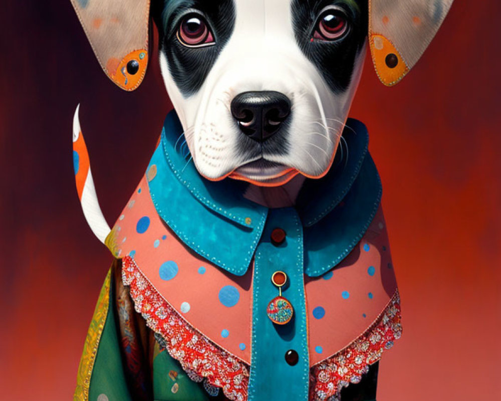 Colorful jacket-wearing dog with human-like eyes on red background