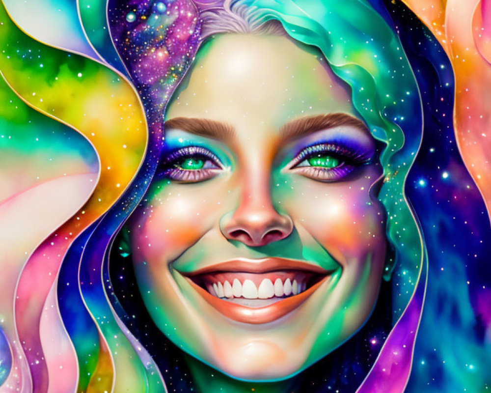 Colorful digital artwork: Smiling woman with flowing hair in cosmic patterns