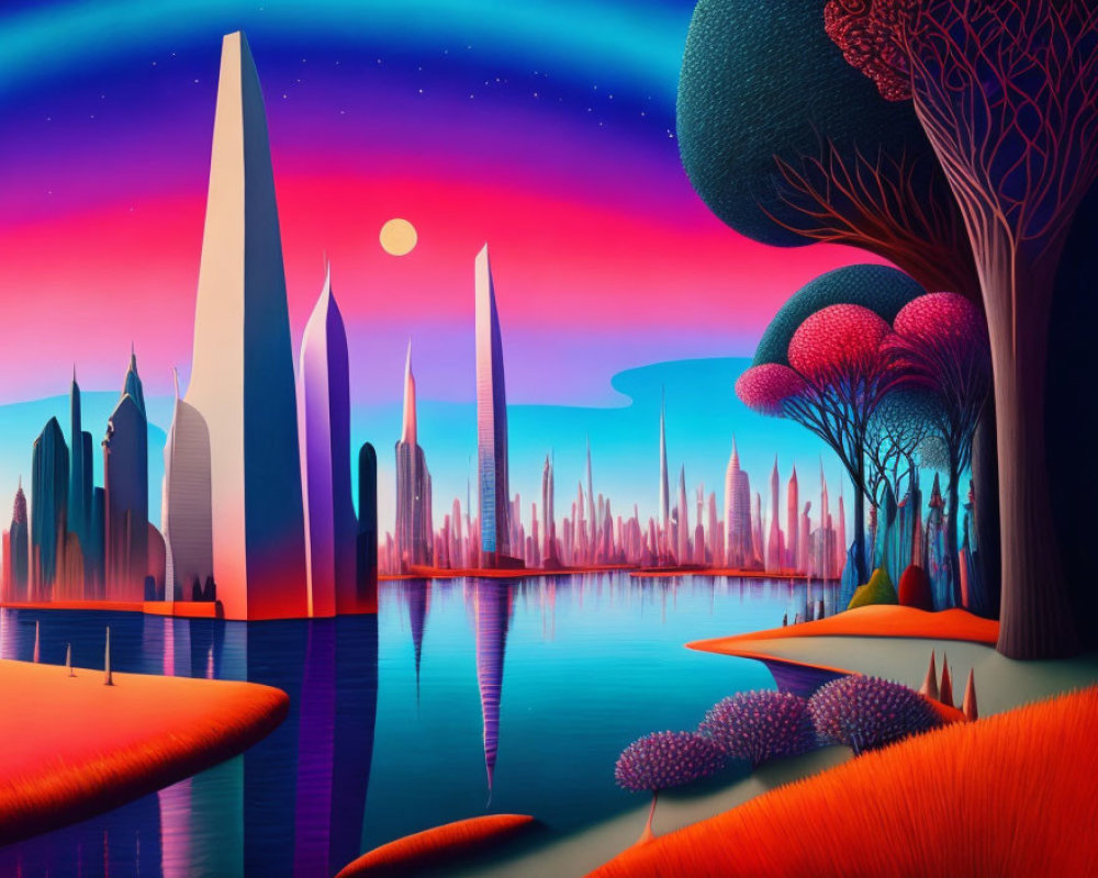 Vibrant surreal landscape with colorful trees and futuristic buildings