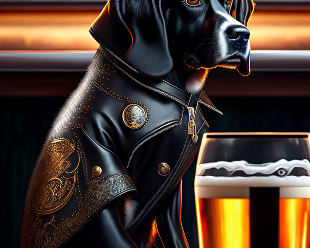 Stylized digital art: Black dog in leather jacket at bar