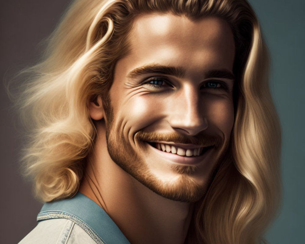 Smiling man with long blonde hair and denim shirt