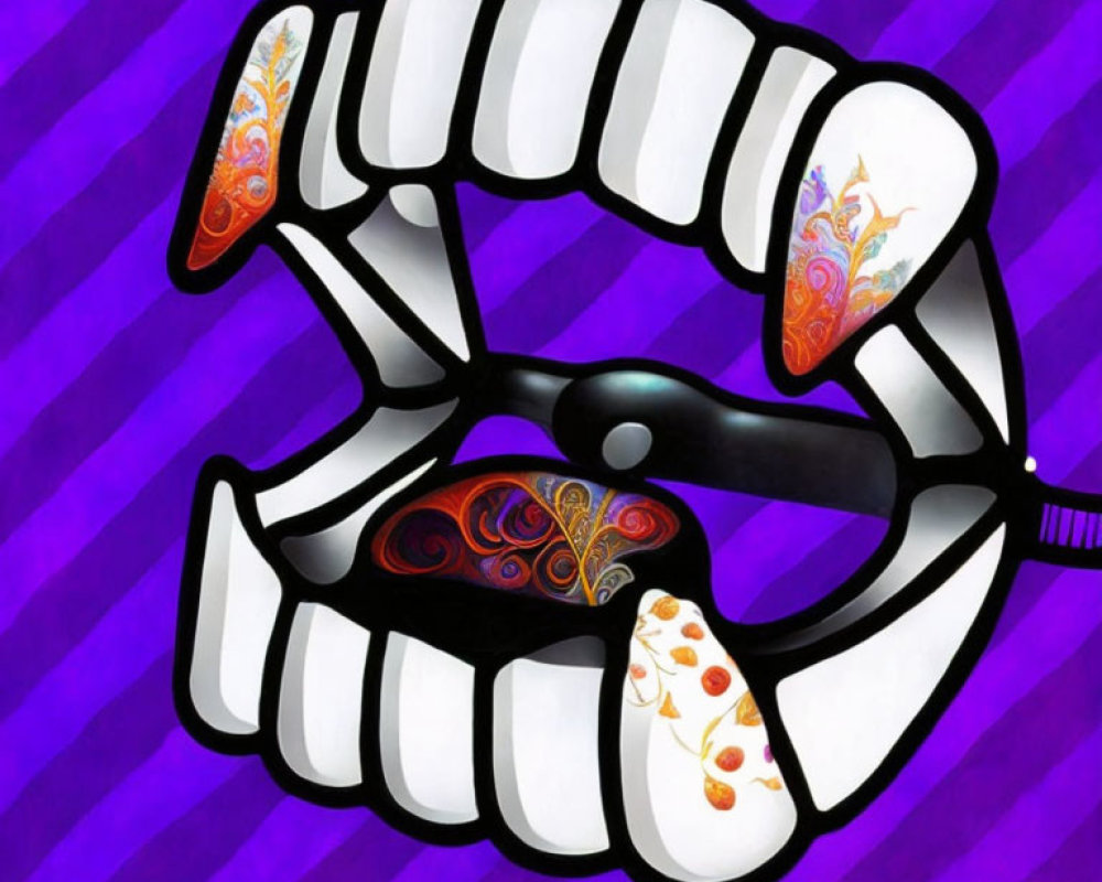 Stylized gaping mouth with paisley patterns on tongue and teeth on purple striped background