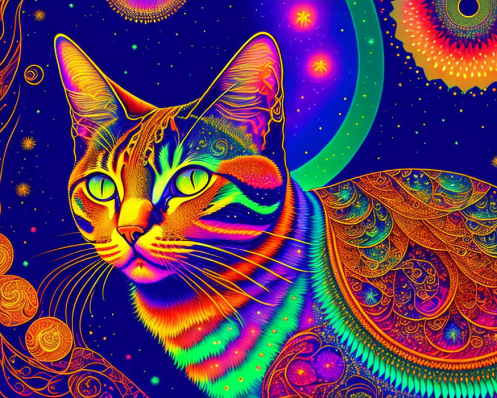 Colorful Psychedelic Cat Art Against Cosmic Background