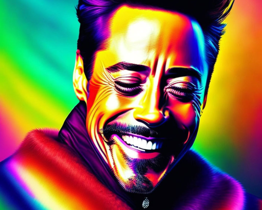 Vibrant pop art portrait of a smiling man with rainbow hues