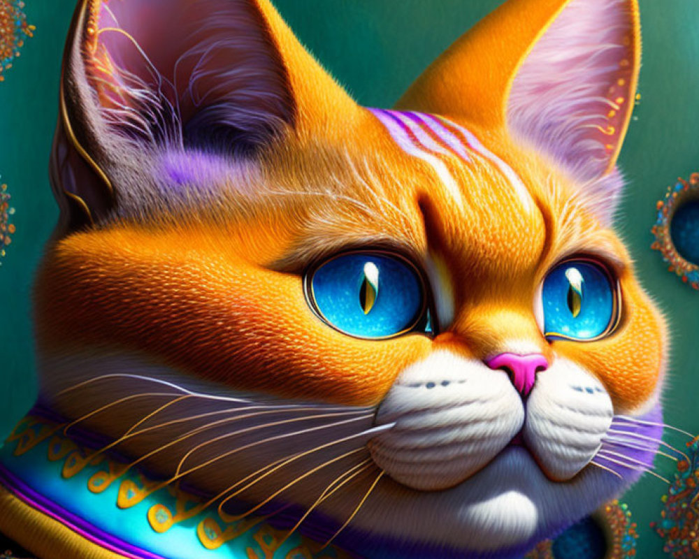 Colorful Illustration of Orange Cat with Blue Eyes in Jeweled Attire on Teal Background