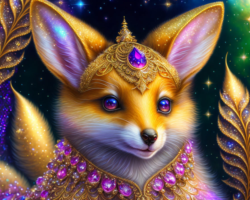 Fantastical fox with golden jewels and glowing stars.