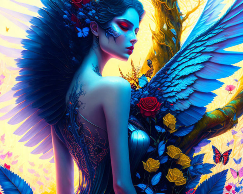 Colorful fantasy artwork of a woman with blue wings, roses, and butterflies beside a tree