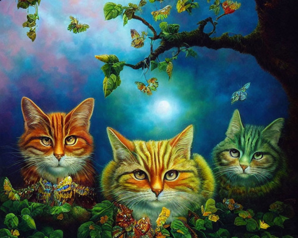 Stylized anthropomorphic cats under tree against twilight sky