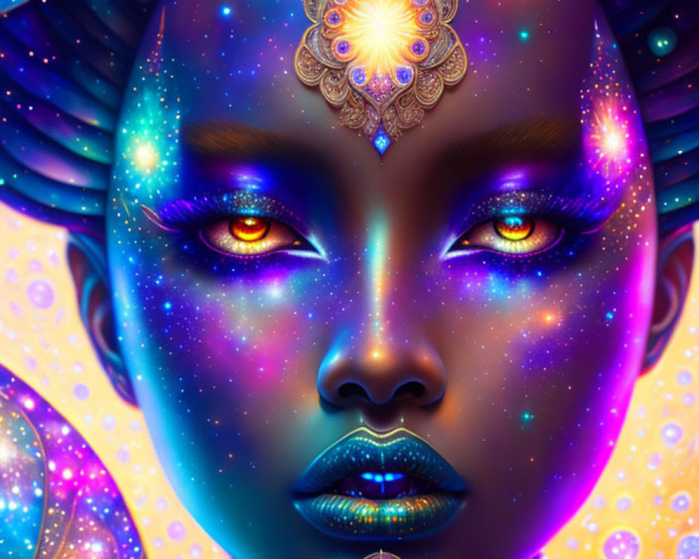 Colorful cosmic portrait with celestial jewelry, iridescent skin, and starry eyes in nebula