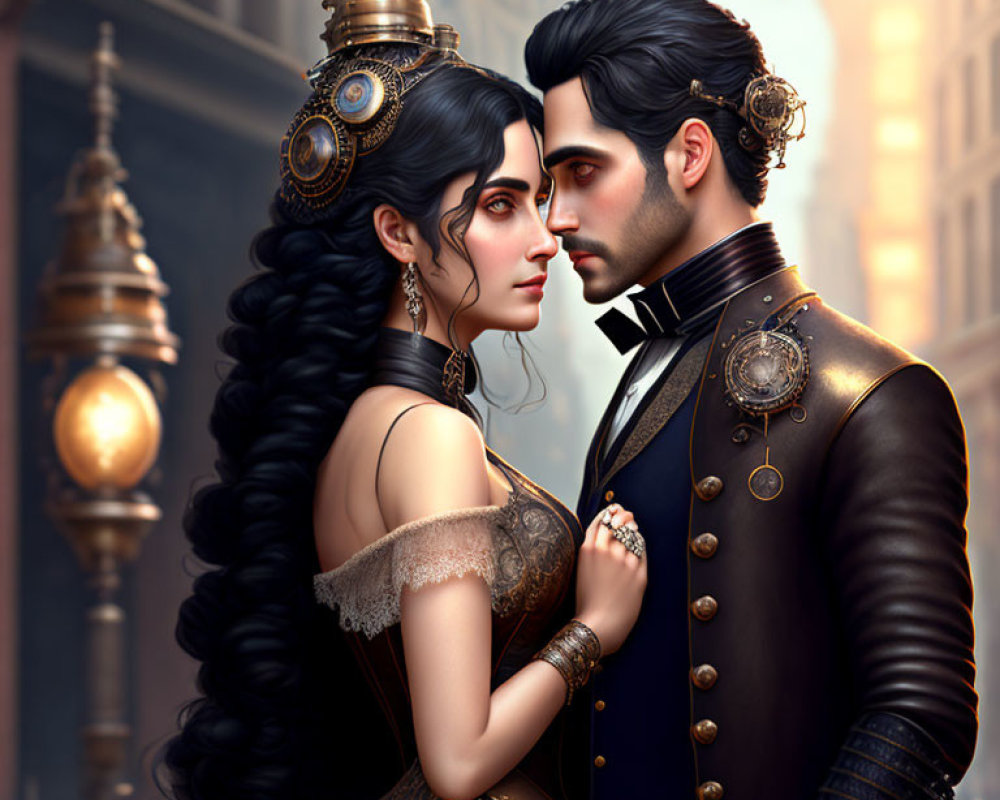 Illustrated steampunk couple in Victorian city setting.