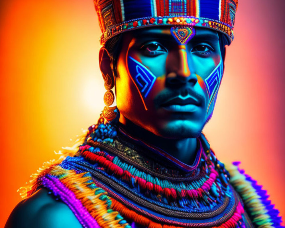 Portrait of person with tribal face paint and headgear on orange and blue gradient.