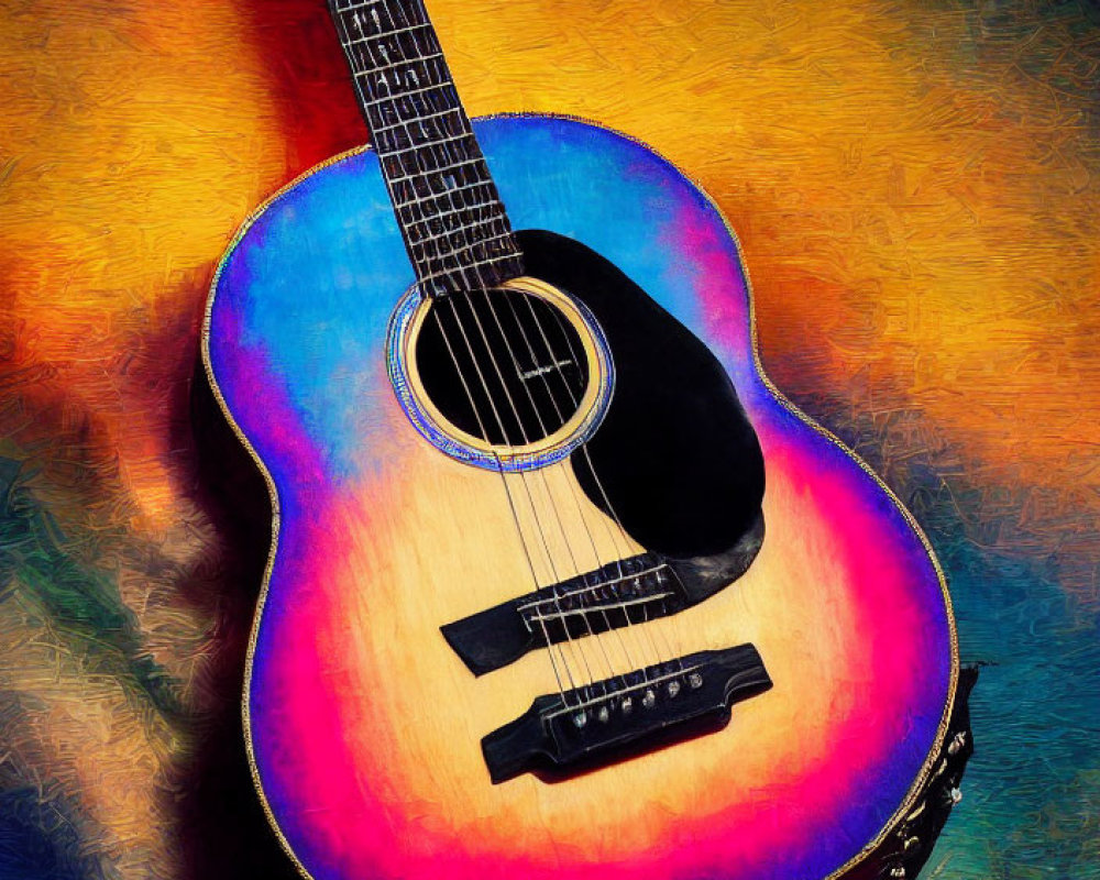 Vibrant sunburst acoustic guitar on textured multicolored background