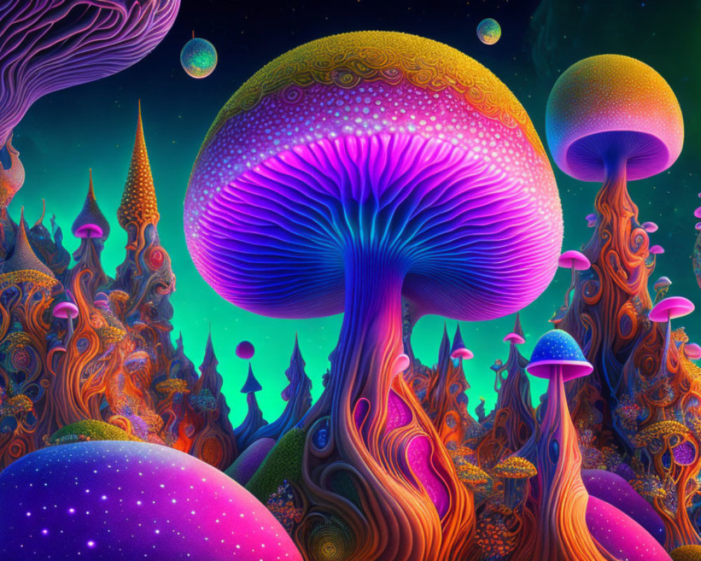 Colorful Psychedelic Mushroom Artwork in Fantastical Landscapes