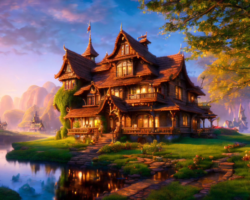 Fantasy cottage with gabled roofs in serene landscape at sunset