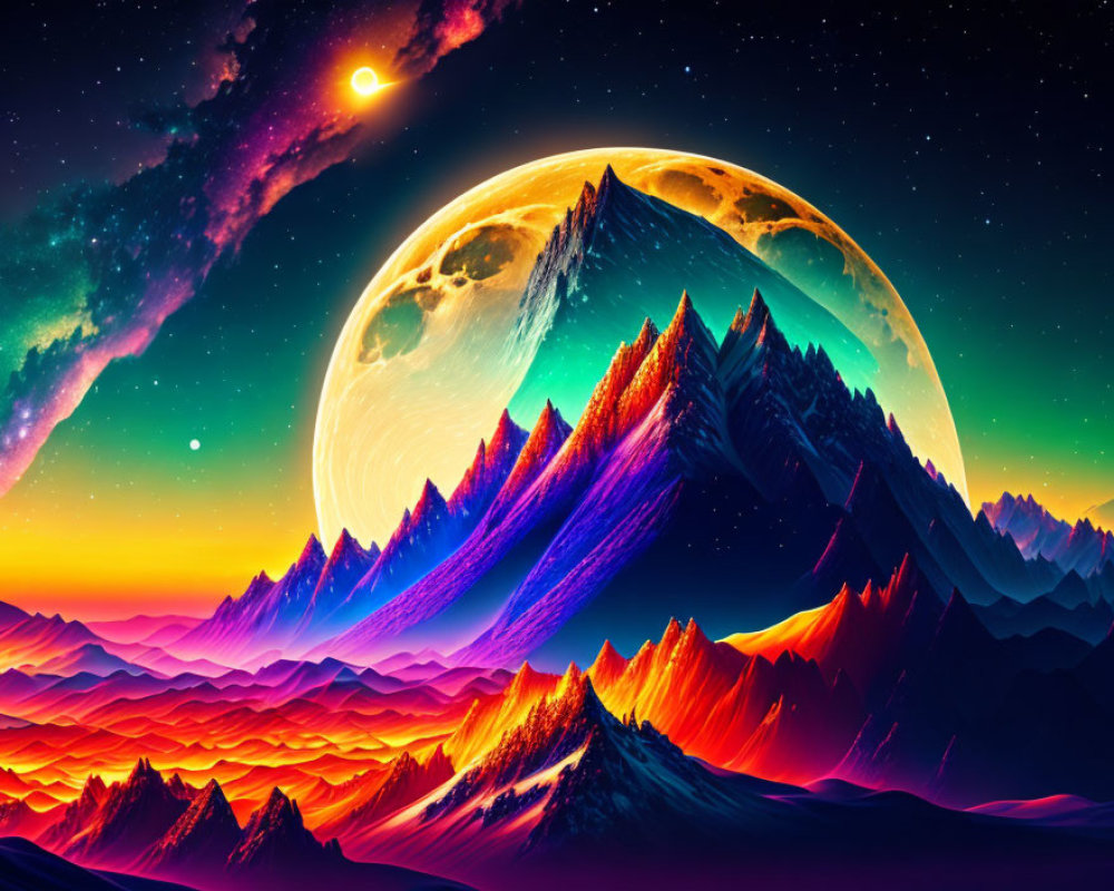 Surreal digital artwork of vibrant landscape with towering mountains under starry sky