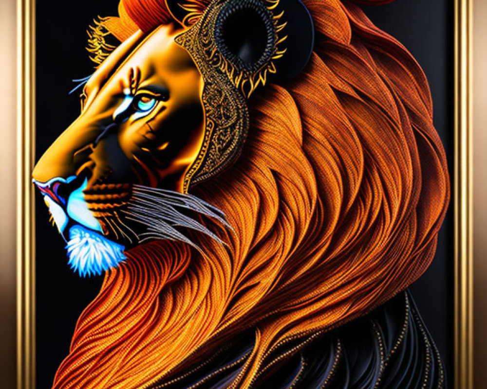 Lion with Human-Like Features and Vibrant Orange Mane in Golden Patterns