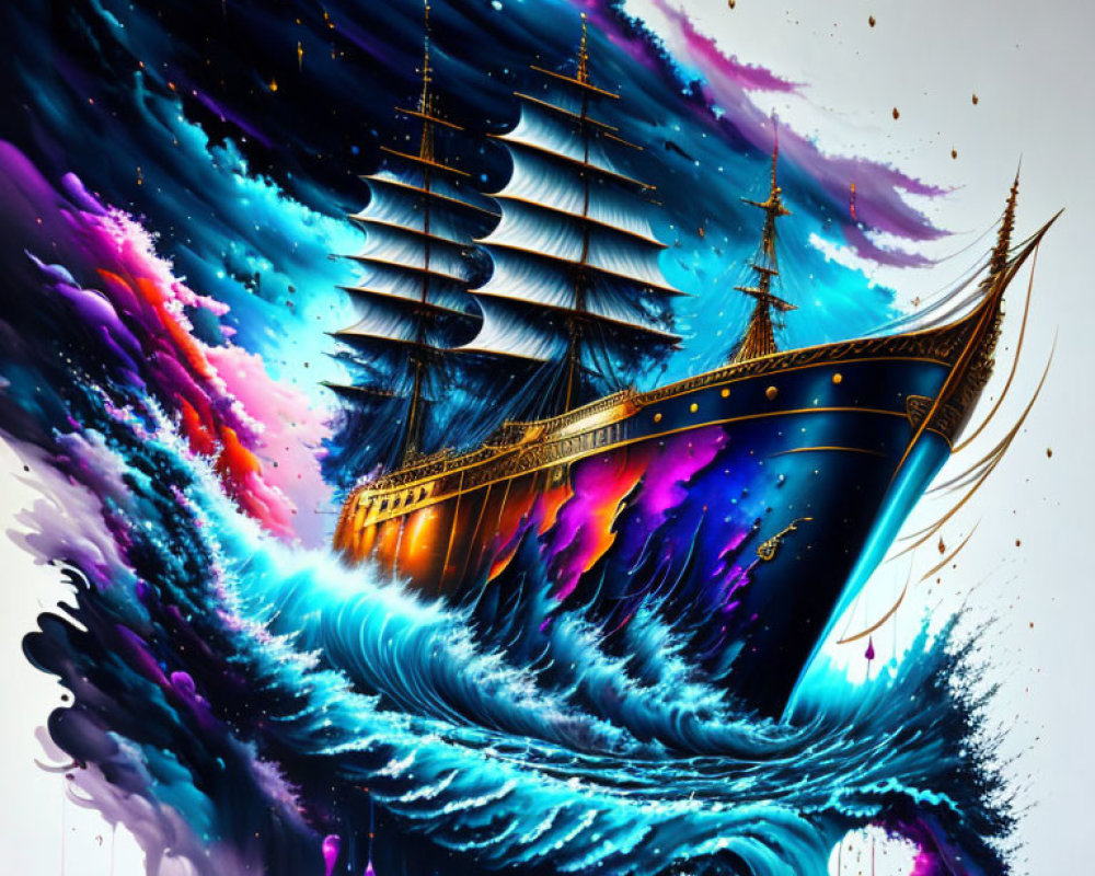 Fantastical artwork: grand ship sails through cosmic waves