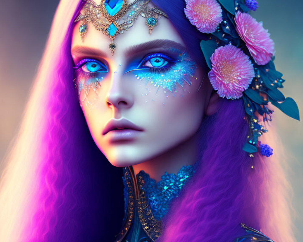 Surreal portrait of woman with purple hair, blue skin, and sparkling makeup