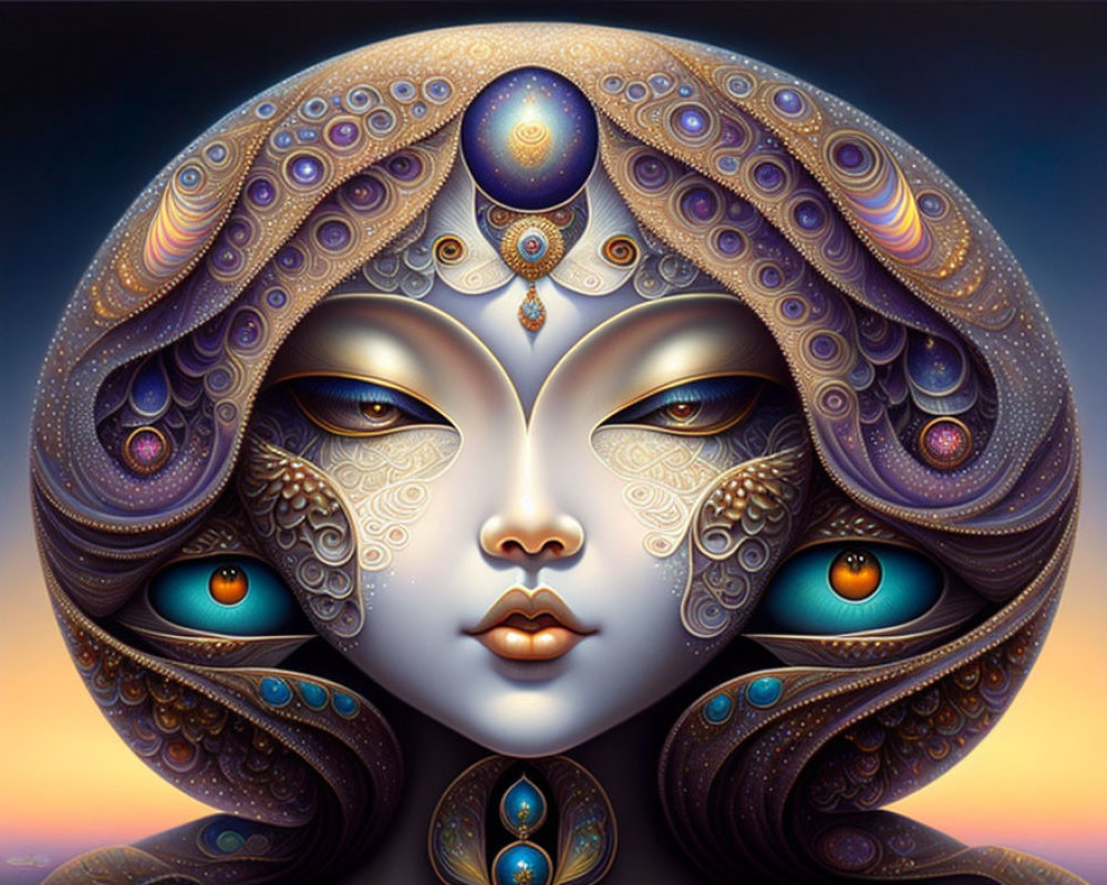 Surreal artistic depiction of female figure with metallic skin and vibrant eyes