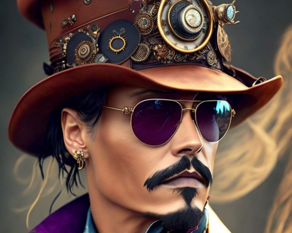 Steampunk-themed person with top hat, monocle, mustache, and round sunglasses