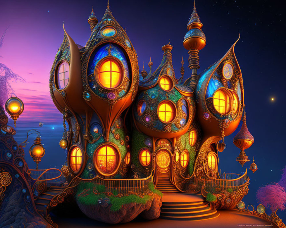 Whimsical glowing house in twilight with crescent moon