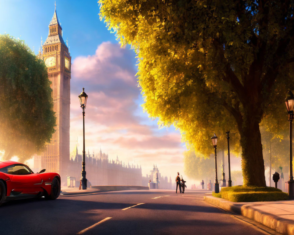 Red sports car parked near Big Ben in London at sunset with people walking