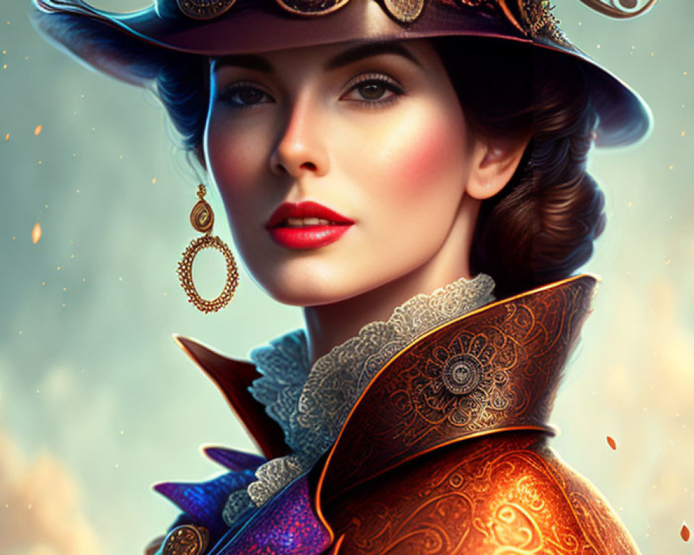 Detailed Steampunk Outfit with Top Hat and Glowing Background