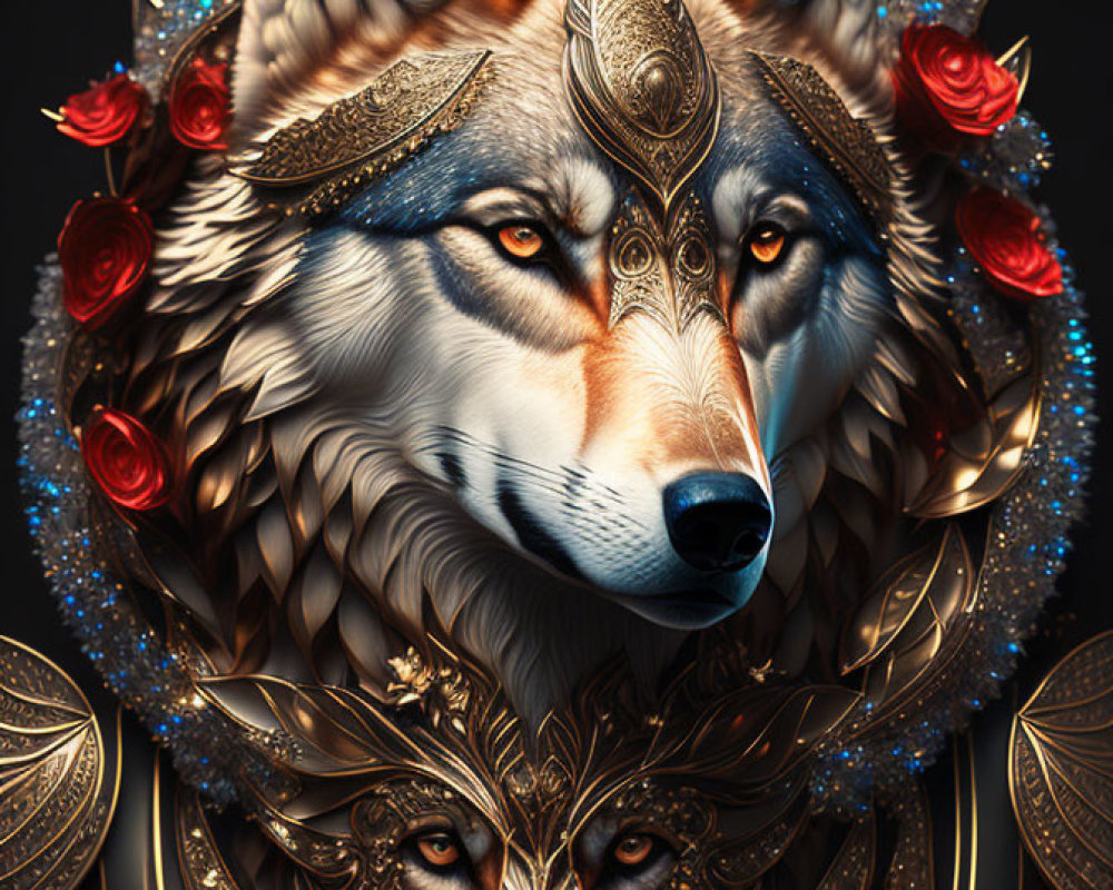 Detailed illustration of majestic wolf with golden accessories and red roses on dark background.