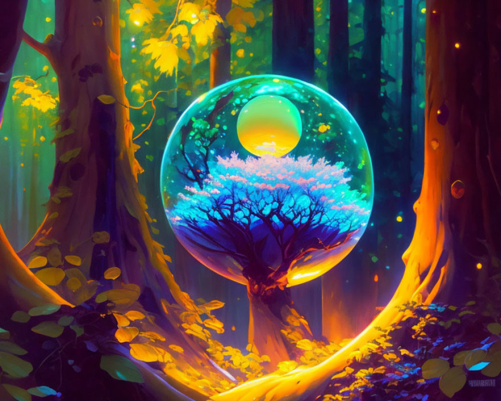 Fantastical glowing orb with tree in magical forest