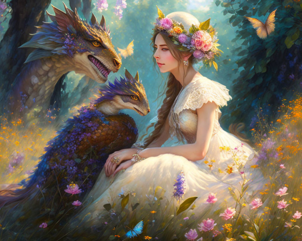 Woman in white dress with floral crown sitting with two dragons in a vibrant forest clearing