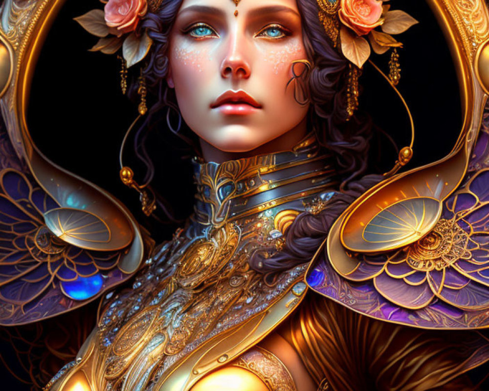 Detailed illustration of woman in ornate golden armor with floral motifs and jewels, surrounded by halo structure