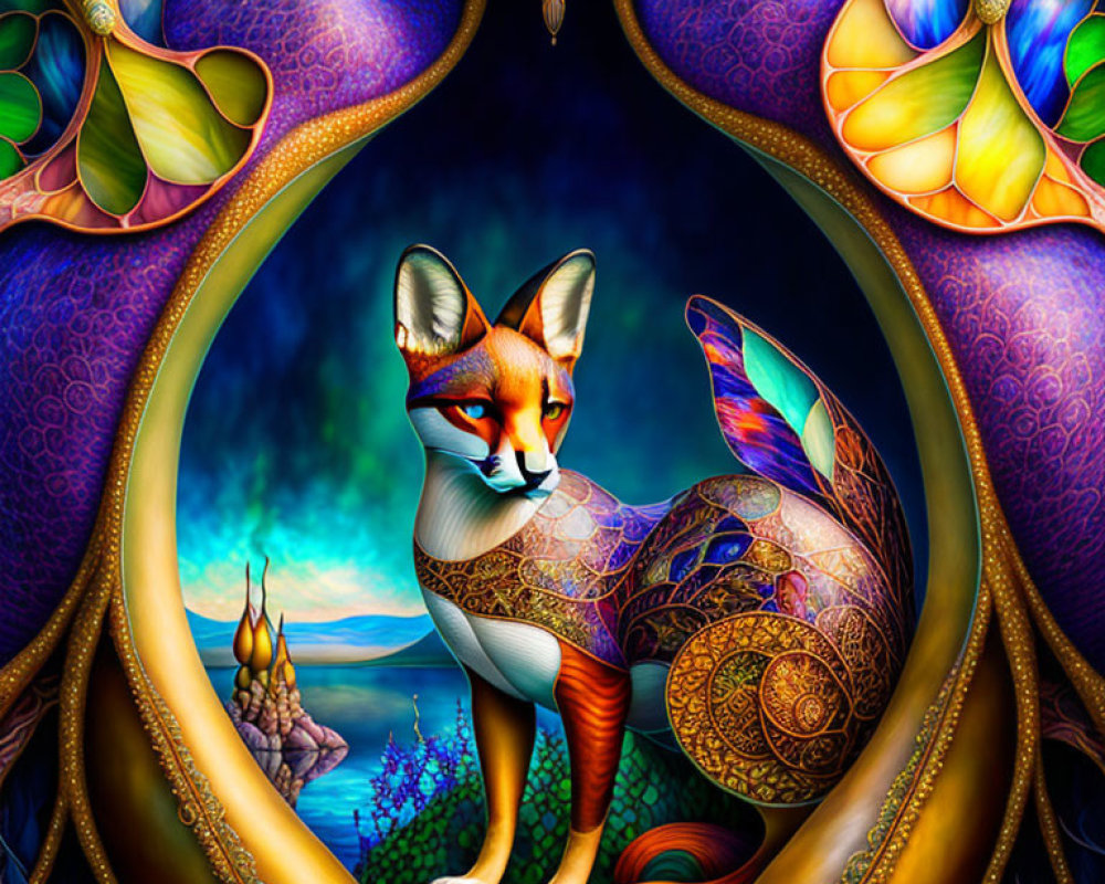 Colorful Fox Illustration with Intricate Patterns and Surreal Background