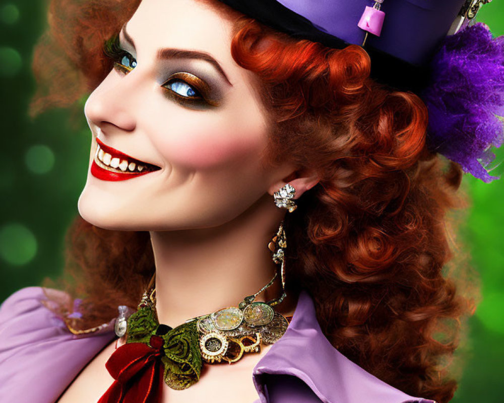 Smiling woman in steampunk hat with colorful makeup and vintage attire on green backdrop