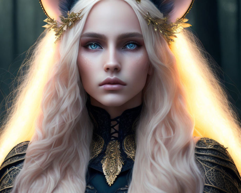 Golden Cat Ears and Blue Eyes in Dark Ornate Attire