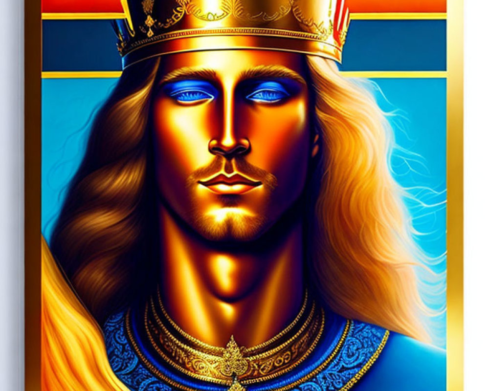 Regal figure with golden crown and blue attire portrait