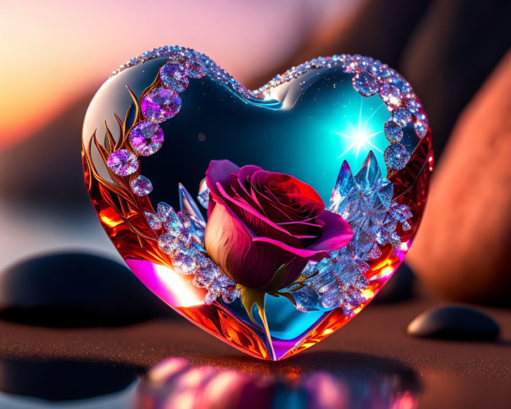 Heart-shaped crystal object with red rose on soft-focus sunset background