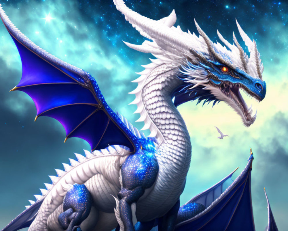 Majestic white and blue dragon with spread wings under starry sky